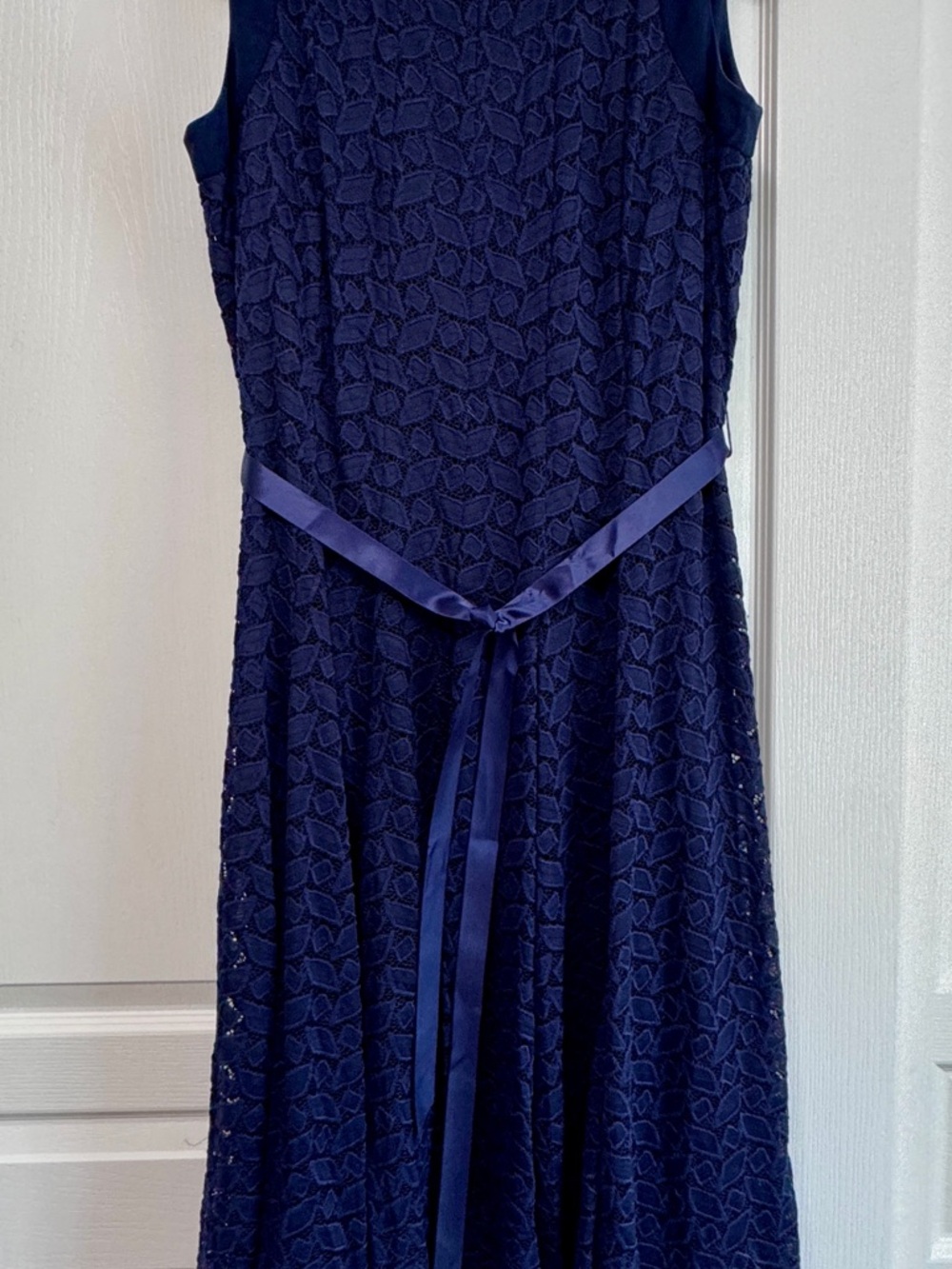 Perceptions New York: Navy Lace Midi Dress with Satin Waist Tie